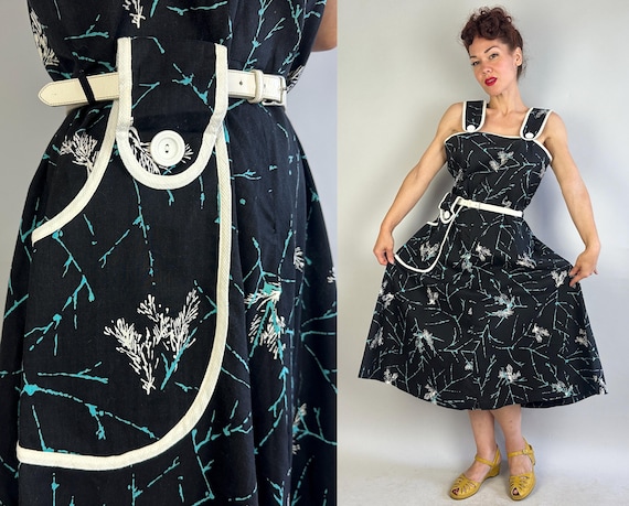 1940s Fun in the Fir Forest Sun Dress | Vintage 40s Black Blue + White Cotton Frock w/Big Pocket & Twig Branch Print | Large Extra Large XL