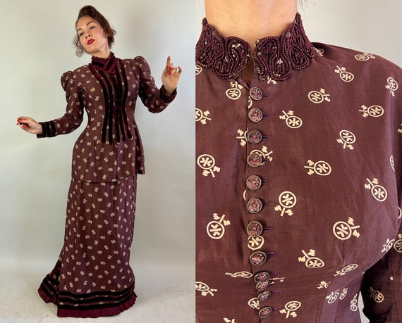 1800s Distinguished Dickensian Dress Ensemble | Vintage Antique Victorian Bodice, Jacket & Skirt in Maroon Cotton with Ivory Flowers | Small