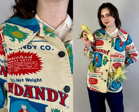 1960s Corn Pickin' Jacket | Vintage 60s Red Pop Art Novelty Feedsack Print Button Down Short Coat w/ Round Collar and Patch Pockets | Medium