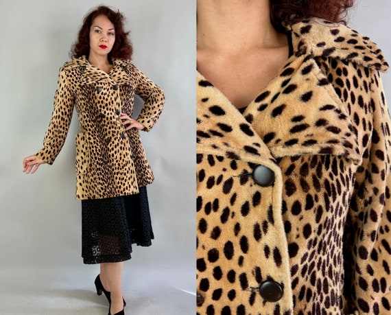 1960s Purrfect Kitty Coat | Vintage 60s Faux Fur Leopard Spotted Cat Print Plush Jacket with Belted Back & Big Pointed Collar | Small Medium