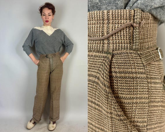 1930s Campus Co-Ed Trousers | Vintage 30s Beige and Grey Varied Stripes and Plaid Wool Wide Band Collegiate Waist Pants w/Buckles | Small
