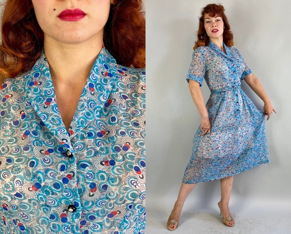 1940s Still Waters Run Deep Dress | Vintage 40s Blue Red and White Watery Ripples Print Rayon Chiffon Frock with Matching Belt | Medium