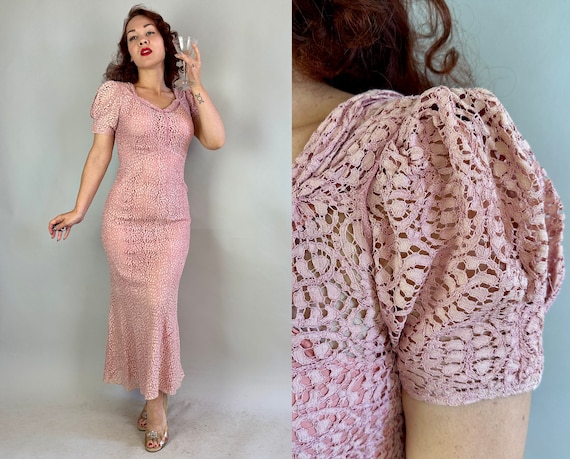 1930s Lucy in Lace Dress Set | Vintage 30s Baby Pink Leafy Lace Puff Sleeve Evening Cocktail Gown with Matching Slip and Low Back | Small