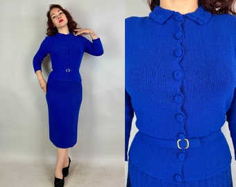 1950s Cool in Cobalt Knit Set | Vintage 50s 3-Piece Blue Wool Curve Hugging Cardigan Sweater Belt and Skirt Ensemble | Small Medium Large