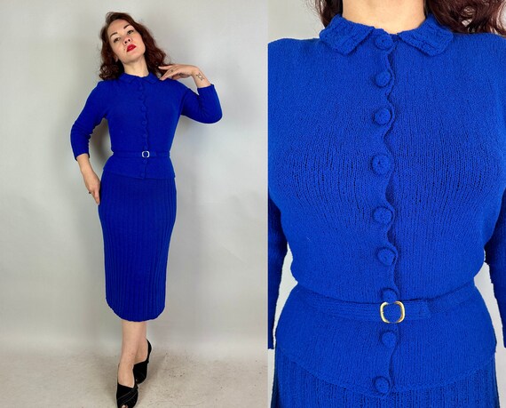 1950s Cool in Cobalt Knit Set | Vintage 50s 3-Piece Blue Wool Curve Hugging Cardigan Sweater Belt and Skirt Ensemble | Small Medium Large