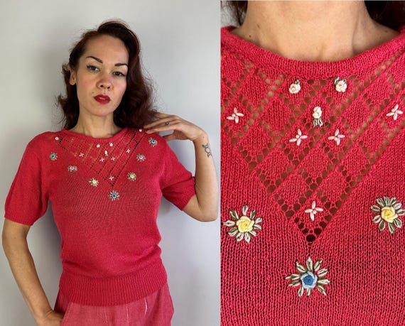 1950s Winsome Watermelon Knit Top | Vintage 50s Pink Rayon Pullover Shirt with Diamond Openwork and Floral Embroidery | Medium Large XL