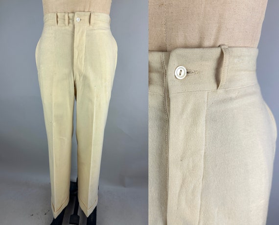 1920s Summer Saunter Trousers | Vintage 20s Cream Ivory White Wool Flannel Flat Front Cuffed Button Fly Pants Slacks | 30x30 Small