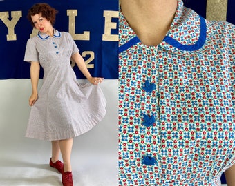 1930s Be-Leaf in Me Frock | Vintage 30s Cotton Collared Day Dress in Candy Apple Red Blue White with Novelty Leaf Buttons | Medium/Large