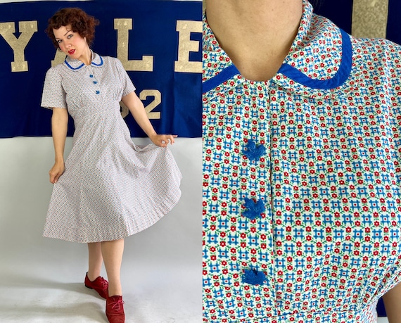 1930s Be-Leaf in Me Frock | Vintage 30s Cotton Collared Day Dress in Candy Apple Red Blue White with Novelty Leaf Buttons | Medium/Large