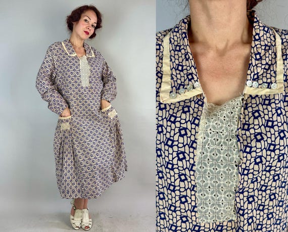 1920s Cobblestone Stepping Dress | Vintage 20s White and Blue Cotton Frock w/Eyelet Lace Panels Shell Buttons & Belted Back | Extra Large XL
