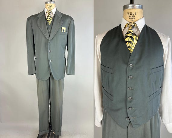 1940s Grey Ghost Suit Vintage 40s Three-piece Steel Grey Gabardine Wool Jacket Vest Drop-looped Pants Set Size 46 Extra Large XL - Etsy 1940s Grey Ghost Suit Vintage 40s Three-piece Steel Grey Gabardine Wool Jacket Vest Drop-looped Pants Set Size 46 Extra Large XL - Etsy