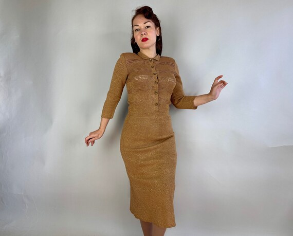 1940s Lurex Love Knit Dress | Vintage 40s Gold Sh… - image 2