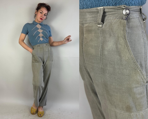 1950s Laid Back Ladies Pants | Vintage 50s Stone Grey Ultra Soft Cotton Light Denim High Waist Side Zip Jeans w/White Top Stitching | Small