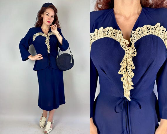 1940s Your Lucky Day Suit Ensemble | Vintage 40s Blue Rayon Crepe Jacket w/Ivory Lace + Skirt, Hat w/Veil & Lucite Purse 4-Piece Set | Small