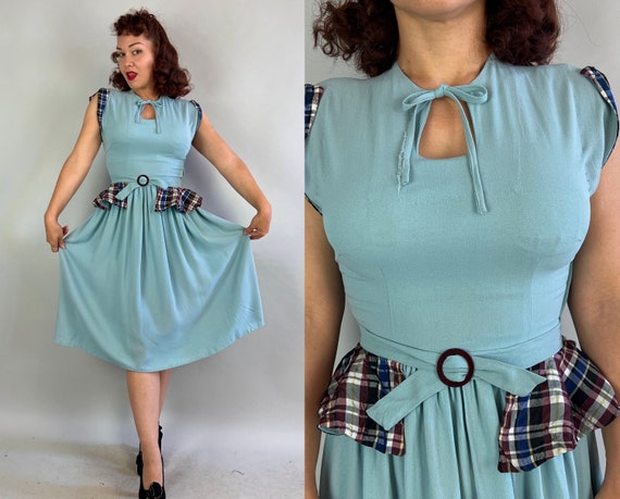 1940s Robin's Easter Best Dress | Vintage 40s Bird Egg Blue Rayon Crepe Frock with Plaid Taffeta Accents and Reversible Peplum Belt | Small