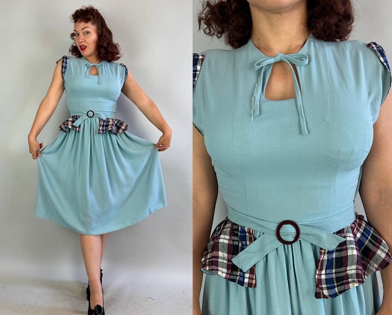 1940s Robin's Easter Best Dress | Vintage 40s Bird Egg Blue Rayon Crepe Frock with Plaid Taffeta Accents and Reversible Peplum Belt | Small