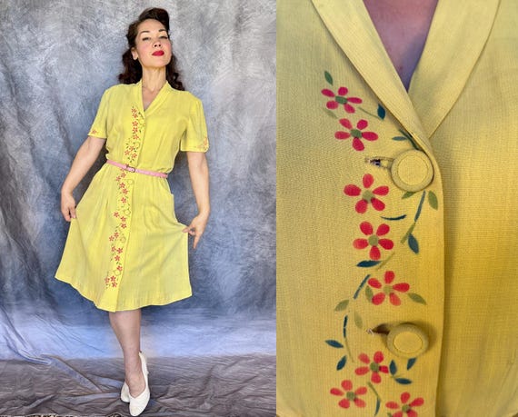 1930s Ode To Sunshine Dress | Vintage 30s Sunny Yellow Rayon Day Frock with Hand Painted Pink & Green Flower Vines | Extra Large XL Large