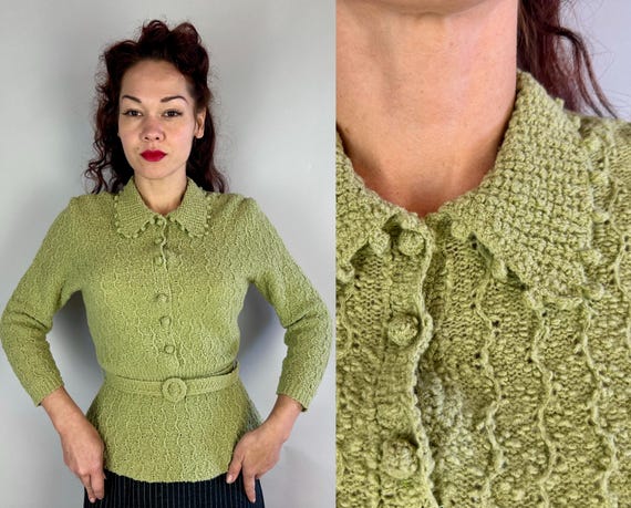 1940s Pinup Peplum Pullover | Vintage 40s Sage Green Boucle Wool Knit Jumper Sweater Top w/Textured Stitches & Belt | Small Medium Large
