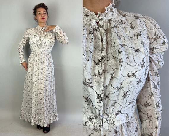1800s Prim Prairie Dress Ensemble | Vintage Antique Victorian Semi-Sheer White and Brown Floral Print Cotton Bodice Top & Skirt Set | Large