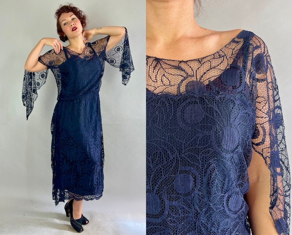 1920s Caught in Your Web Dress | Vintage 20s Navy Blue Lace Dropped Waist Frock with Slit Angel Sleeves and Silk Slip | Large Extra Large XL