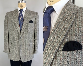 1950s Fantastic Fleck Sport Coat | Vintage 50s White Grey Brown and Black Atomic Tweed Wool Single Breasted Jacket Blazer | Size 40 Medium