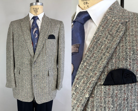 1950s Fantastic Fleck Sport Coat | Vintage 50s White Grey Brown and Black Atomic Tweed Wool Single Breasted Jacket Blazer | Size 40 Medium