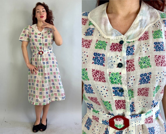 1930s Springtime Squares Dress | Vintage 30s Floral Geometric Lightweight Cotton Voile Frock with Self Belt & Bakelite Buckle | Large/XL