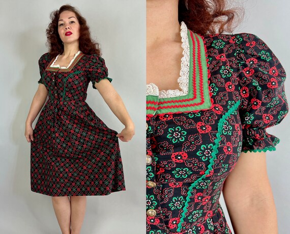 1950s Bavarian Beauty Dress | Vintage 50s Black Green and Red Novelty Hearts & Flowers Cotton Traditional Folk Dirndl w/Puff Sleeves | Small