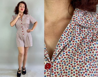 1940s Playful Patricia Playsuit | Vintage 40s Red White & Blue Cotton Micro Heart Apple Novelty Print Romper Onesie Shorts | Extra Large XL
