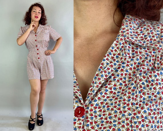 1940s Playful Patricia Playsuit | Vintage 40s Red White & Blue Cotton Micro Heart Apple Novelty Print Romper Onesie Shorts | Extra Large XL