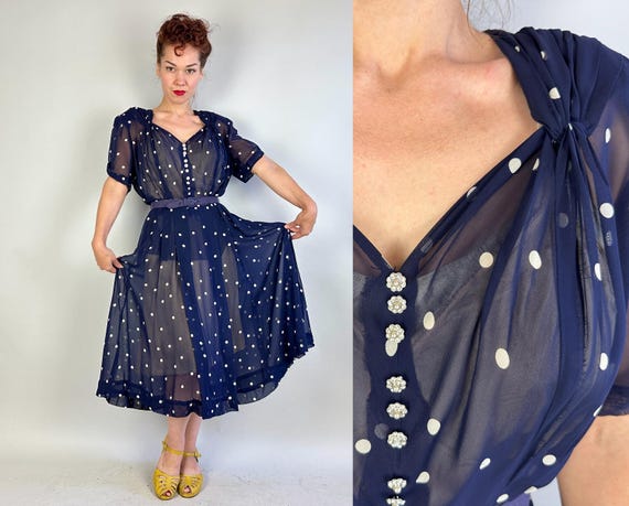 1940s Polkadots and Moonbeams Dress | Vintage 40s Navy Blue and White Dots Spots Sheer Rayon Chiffon Frock w/Rhinestones | Extra Large XL