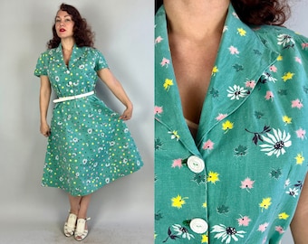 1940s Lazy Daisy Frock | Vintage 40s Deco Green White Yellow and Pink Floral Cotton Shirtwaist Dress with Big Pockets | Extra Large XL Volup