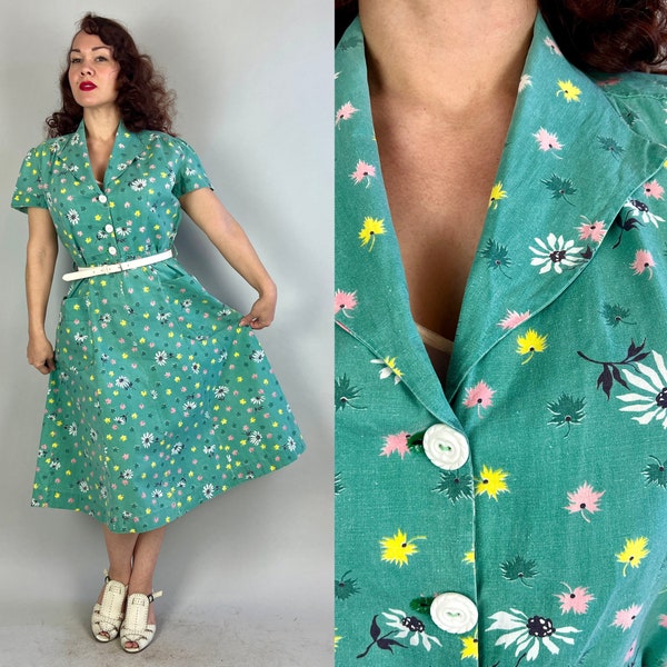 1940s Lazy Daisy Frock | Vintage 40s Deco Green White Yellow and Pink Floral Cotton Shirtwaist Dress with Big Pockets | Extra Large XL Volup