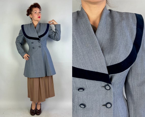 1940s Lucky in Lilli Ann Princess Coat | Vintage 40s Grey Blue Wool & Velvet Accent Shawl Lapel Double Breasted Frock Jacket | Small Medium