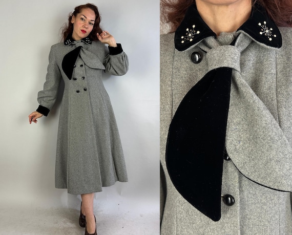1940s Wonderous Winter Princess Coat | Vintage 40s Grey Wool Overcoat w/Black Velvet Collar & Cuffs w/Snowflake Beading + Kerchief | Medium