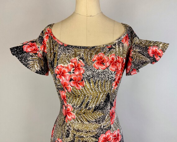 1950s Luau Goddess Gown | Vintage 50s Mottled Bla… - image 2