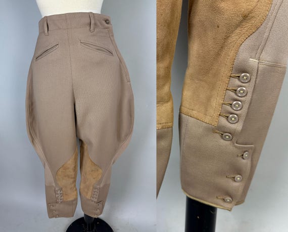 1940s Adventure Breeches | Vintage 40s Khaki Taupe Wool Twill Jodhpurs Side Zip Riding Pants with Beige Suede Leather Patches | Small