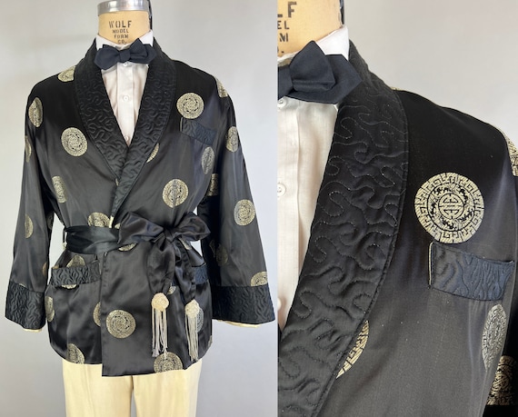 1950s Handsome Harry Smoking Jacket | Vintage 50s Jet Black Silk Asian Medallion Gold Brocade Lounge Robe Loungewear | Extra Large XL