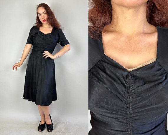 1940s Femme Fatale Frock | Vintage 40s Black Stretchy Rayon Jersey Cocktail LBD Dress with Sweetheart Neckline and Center Ruching | Medium