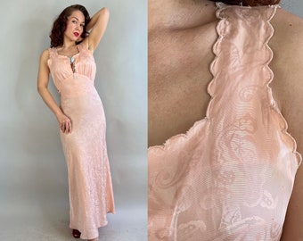 1930s Romantic Blush Evening Gown | 30s Pale Ballerina Pink Maxi Dress in Silk Brocade Paisley w/ Scallop Neckline & Blue Ribbon Tie | Small