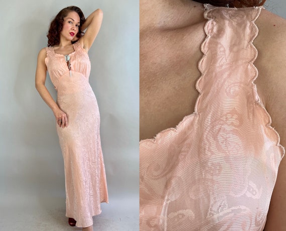 1930s Romantic Blush Evening Gown | 30s Pale Ballerina Pink Maxi Dress in Silk Brocade Paisley w/ Scallop Neckline & Blue Ribbon Tie | Small