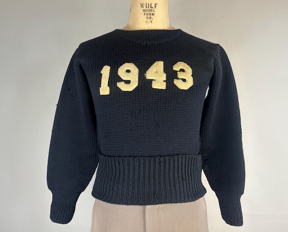 1940s Casablanca Black & White Sweater | Vintage 40s Wool Knit Collegiate Pullover w/ Dated 1943 Year Spellout Patches | Medium Large