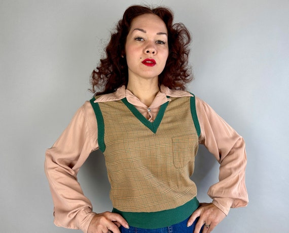 1940s Girly Gaucho Shirt | Vintage 40s Dusty Pink w/Green & Orange Plaid Cotton Gabardine Long Sleeve Menswear Inspired Top | Small Medium