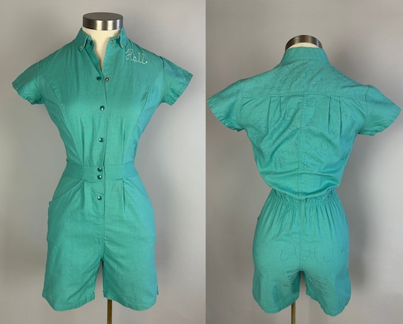 1950s Play to Win Playsuit | Vintage 50s Signature Seafoam Green Cotton Snap-Up Romper with Autographs and Embroidery | Small Extra Small XS