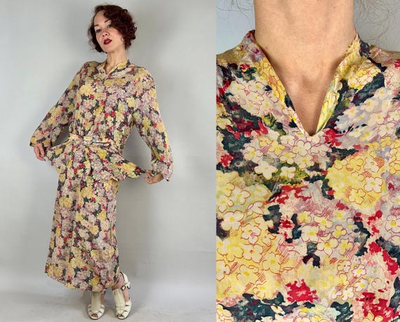 1930s Hydrangea Hey Day Dress | Vintage 30s Green Red Yellow and Grey Watercolor Flower Print Silk Frock w/Scallops and Peplum | Large/XL