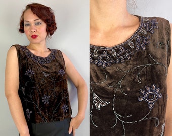 1920s Bedazzling Beaded Blouse | Vintage 20s Brown Silk Velvet Sleeveless Top w/Floral Beadwork in Pink and Blue & Oil Slick | Small Medium