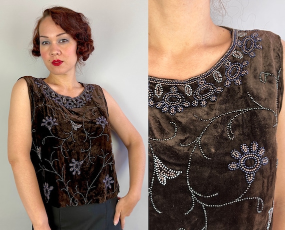 1920s Bedazzling Beaded Blouse | Vintage 20s Brown Silk Velvet Sleeveless Top w/Floral Beadwork in Pink and Blue & Oil Slick | Small Medium