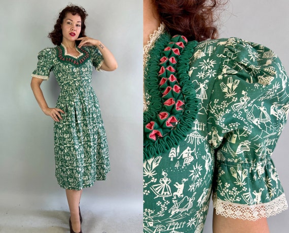 1940s Alpine Alice Dirndl | Vintage 40s Cotton Traditional Dress w/Country Dancers Novelty Print in Green Pink White & Puff Sleeves | Small
