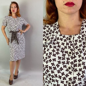 1930s Darling Dottie Day Dress Vintage 30s White & Dark Brown Rayon Floral Party Shirtwaist Frock with Sash Belt Extra Large XL Volup image 1