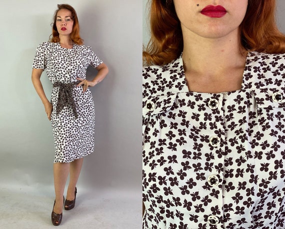 1930s Darling Dottie Day Dress | Vintage 30s White & Dark Brown Rayon Floral Party Shirtwaist Frock with Sash Belt | Extra Large XL Volup